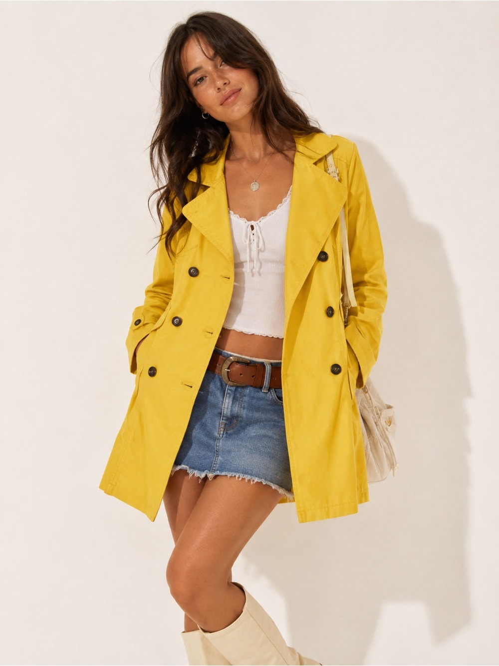 Fiorucci Y2K Double Breasted Denim Trench Coat | Yellow | Small |